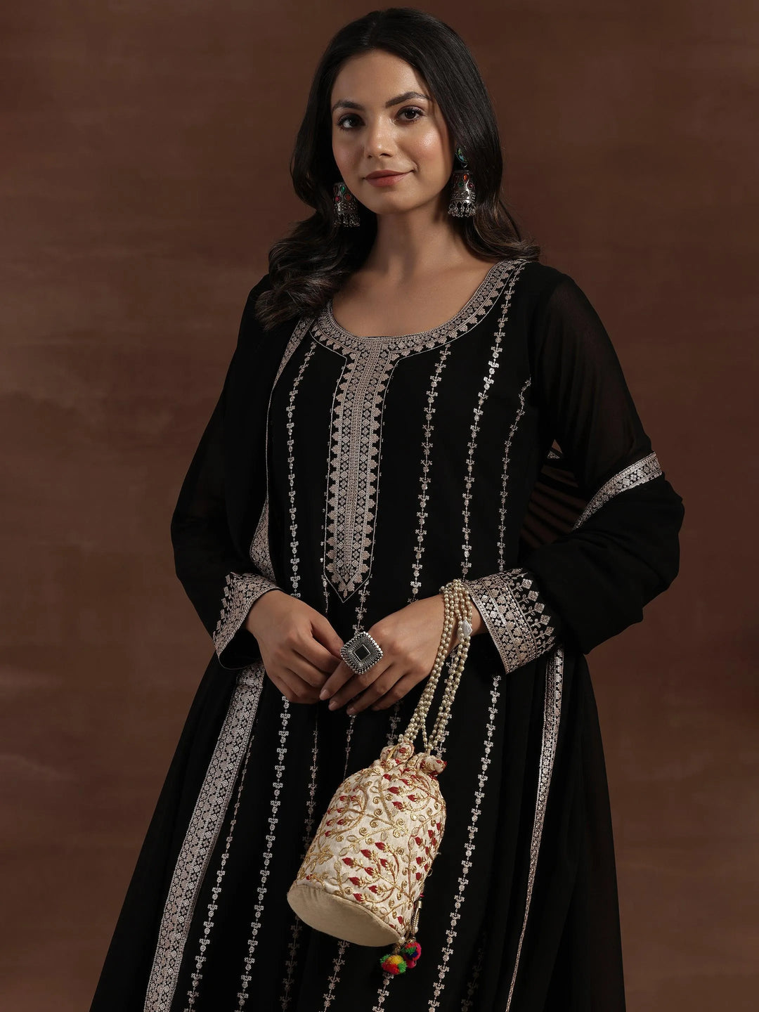 Black Embroidered Georgette Straight Suit With Dupatta - Libas 
