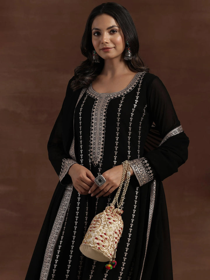 Black Embroidered Georgette Straight Suit With Dupatta - Libas