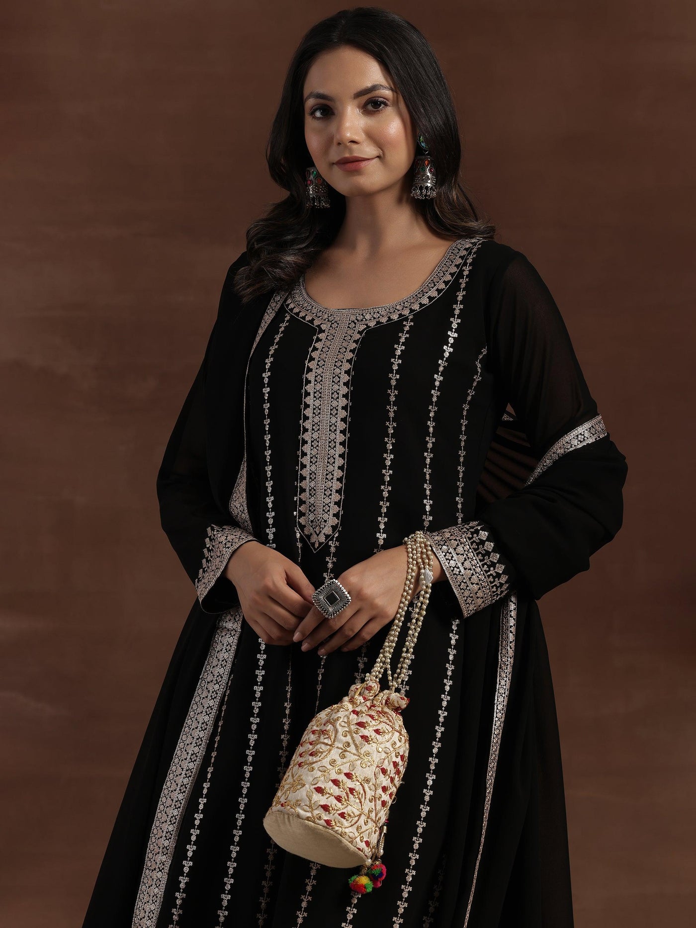 Black Embroidered Georgette Straight Suit With Dupatta - Libas
