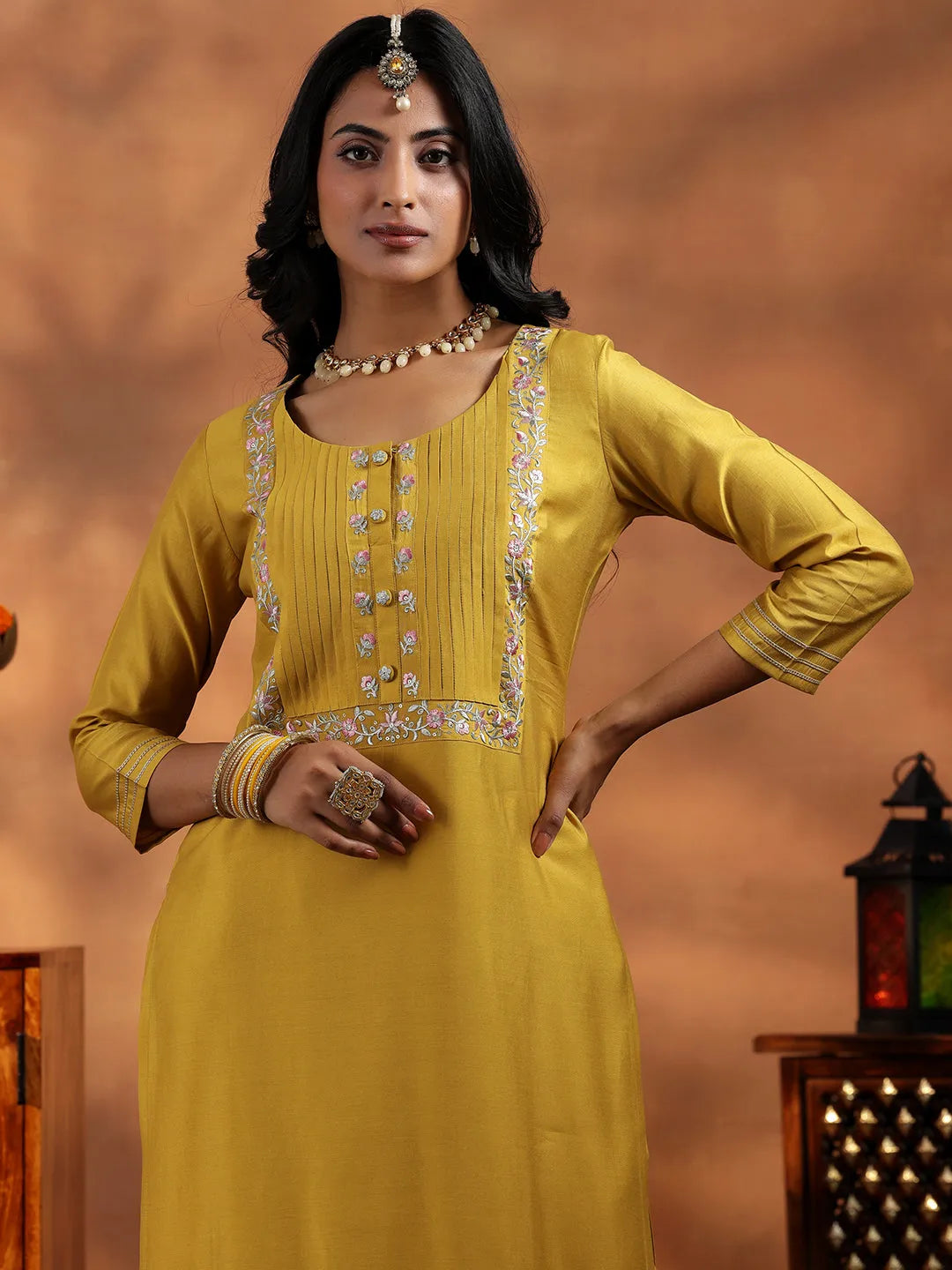  Mustard Yoke Design Silk Blend Straight Suit With Dupatta 