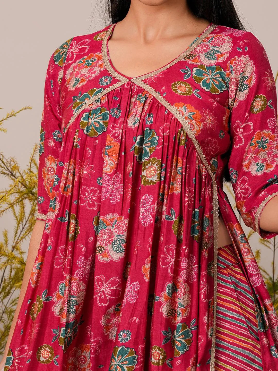 Pink Printed Silk Blend A-Line Kurta With Palazzos & Dupatta - Libas 