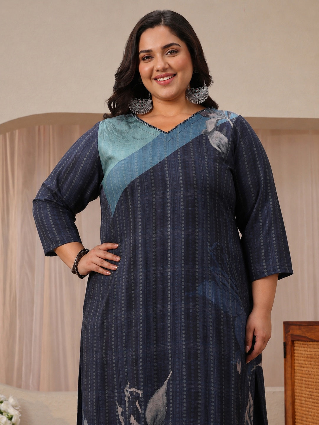  Plus Size Blue Printed Linen Straight Suit Set 