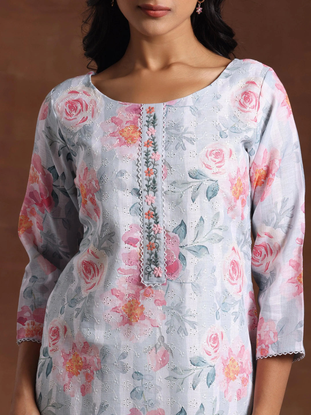 Grey Printed Cotton Blend Straight Suit With Dupatta - Libas 