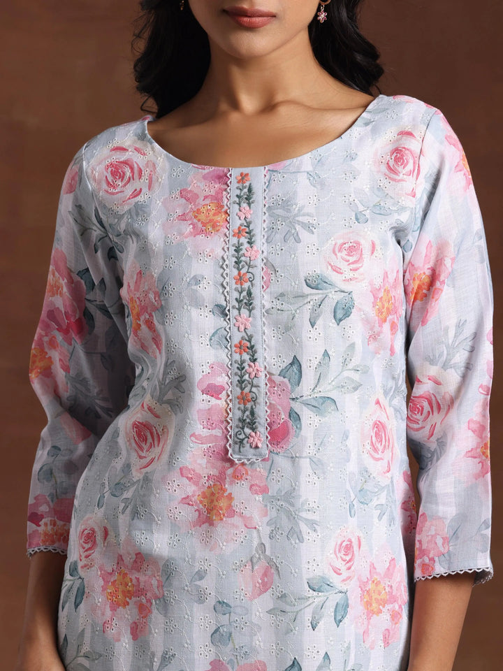 Grey Printed Cotton Blend Straight Suit With Dupatta - Libas