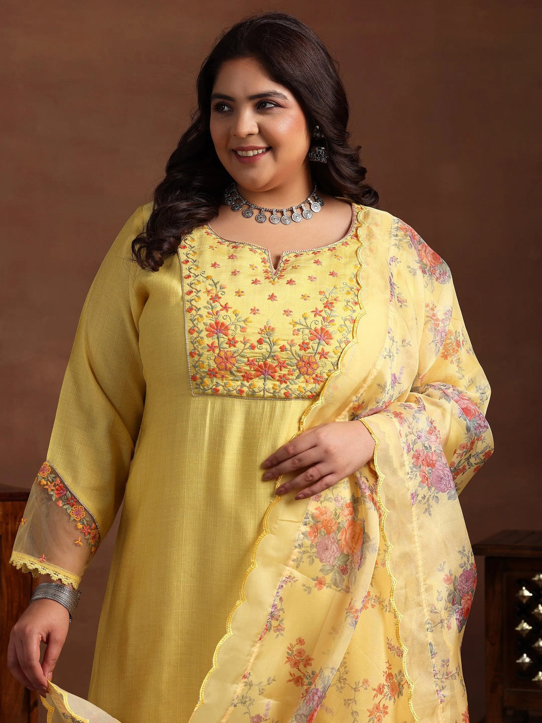 Plus Size Yellow Yoke Design Silk Blend Straight Suit With Dupatta - Libas 