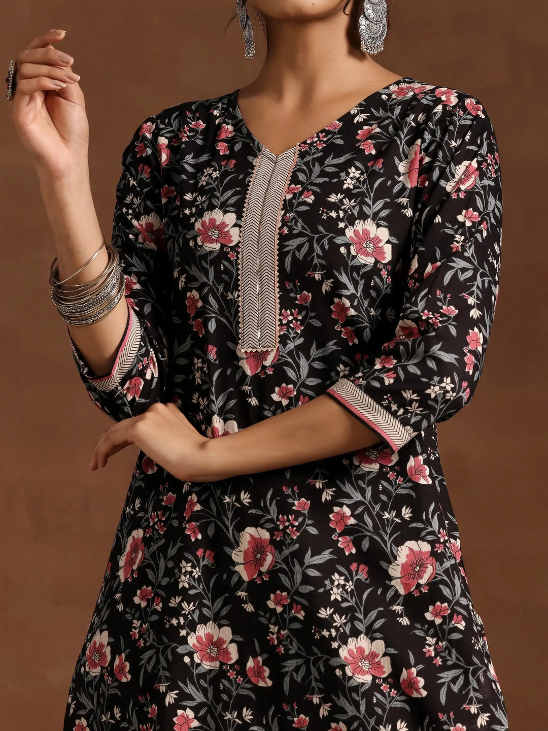  Black Printed Cotton Straight Kurta Set 