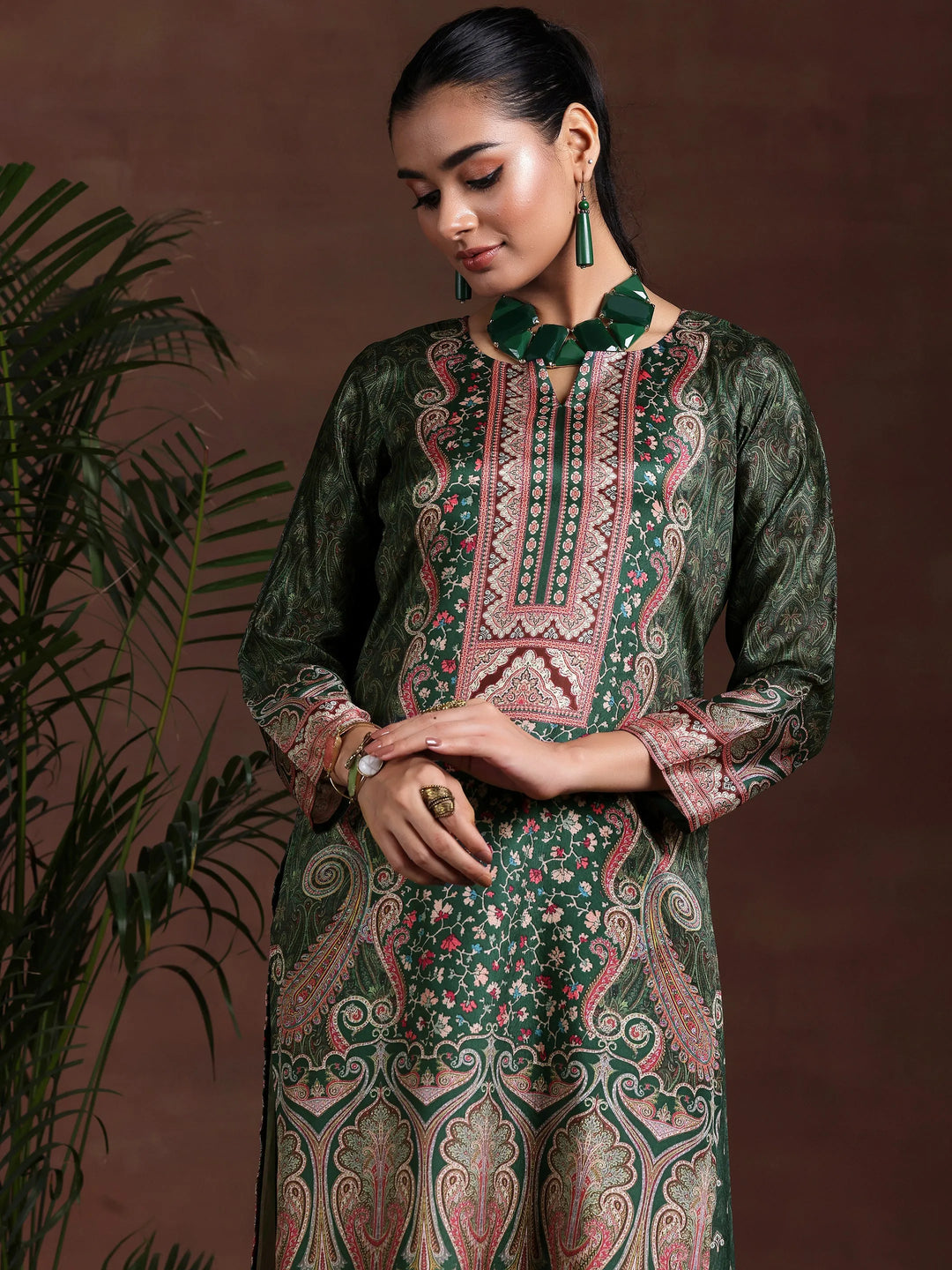  Green Printed Silk Blend Straight Suit With Dupatta 