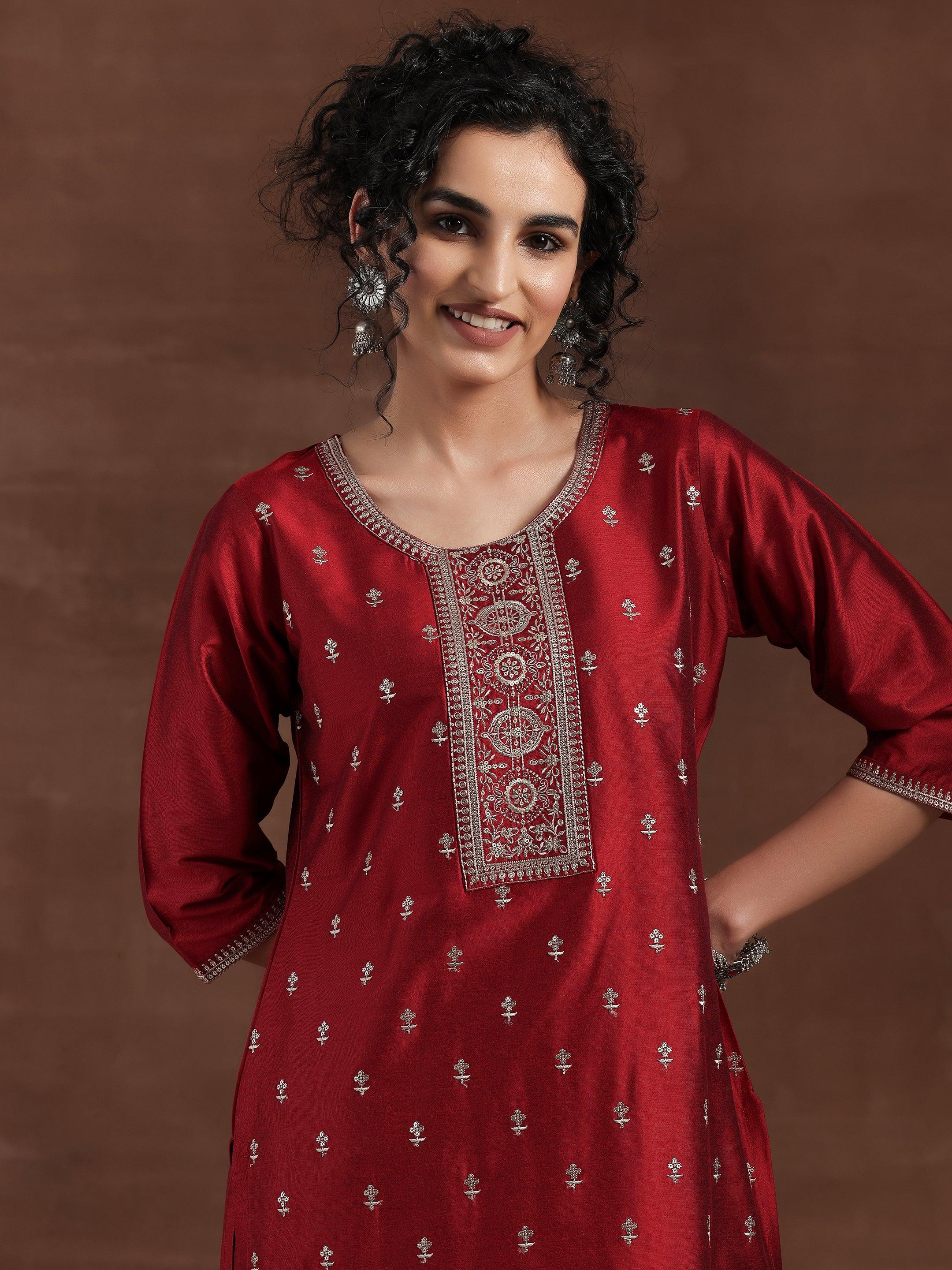Red Embroidered Silk Blend Straight Suit With Dupatta