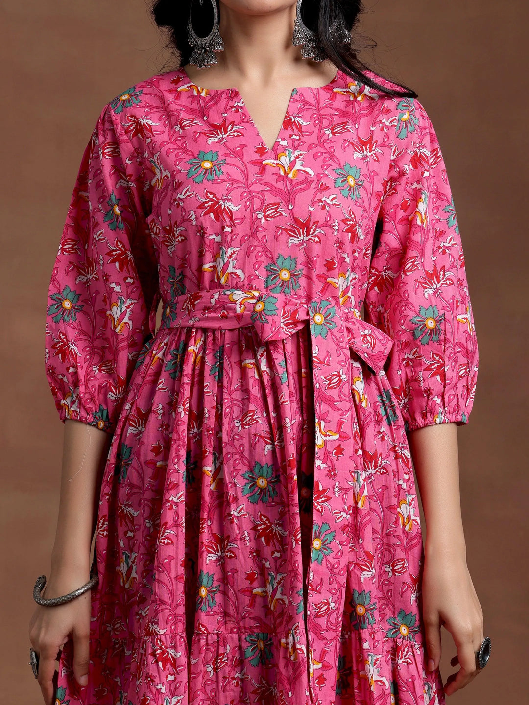 Coral Printed Cotton Fit and Flare Dress - Libas 