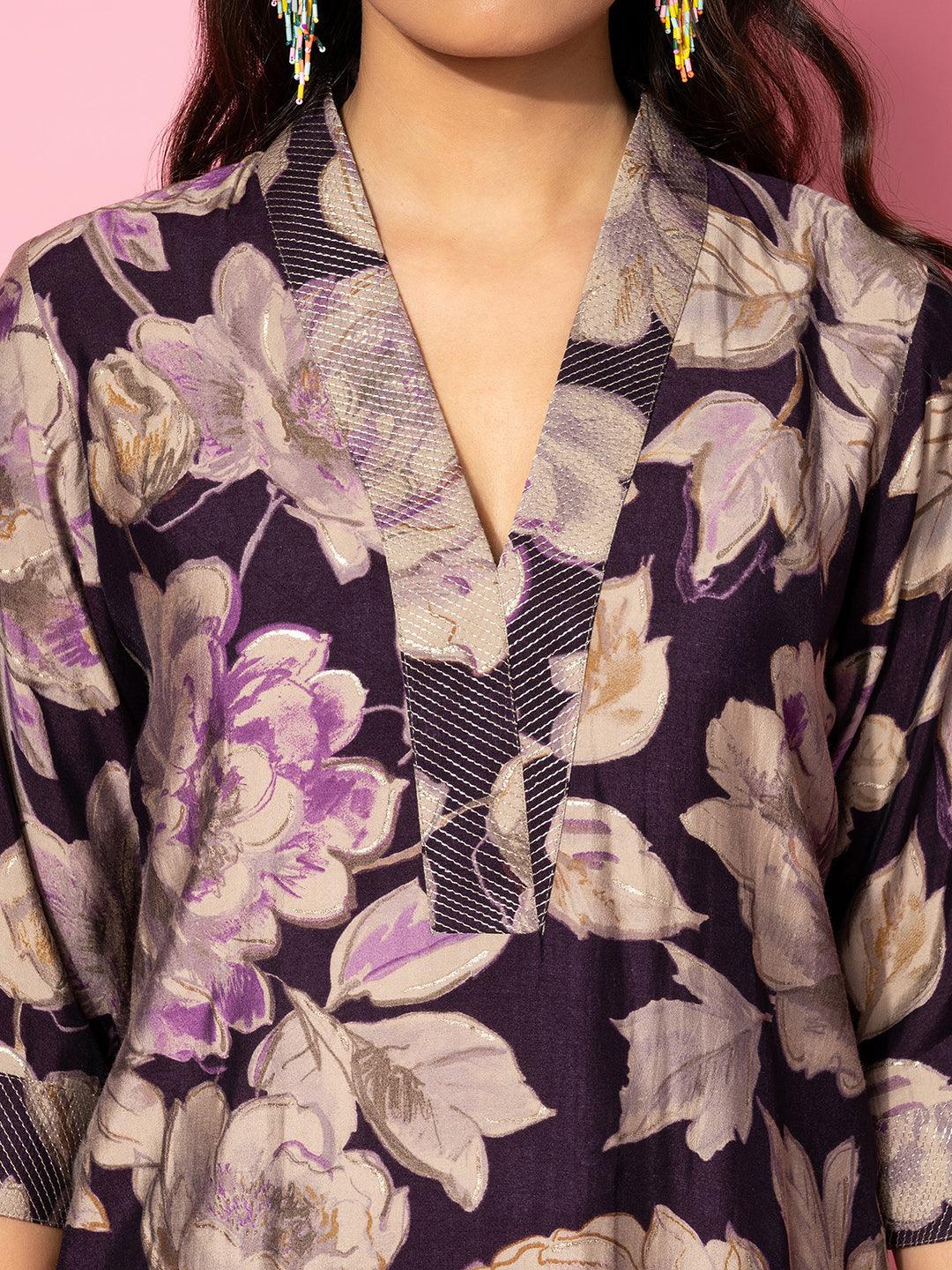 Purple Printed Silk Blend Co-Ords