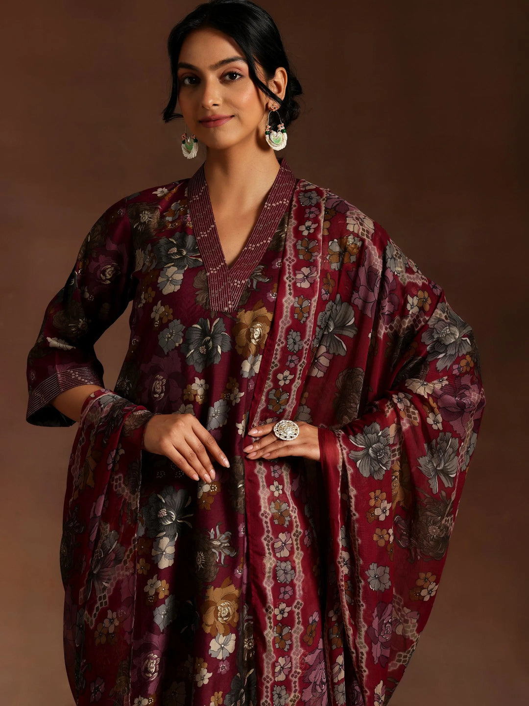 Burgundy Printed Silk Blend Straight Suit With Dupatta - Libas 