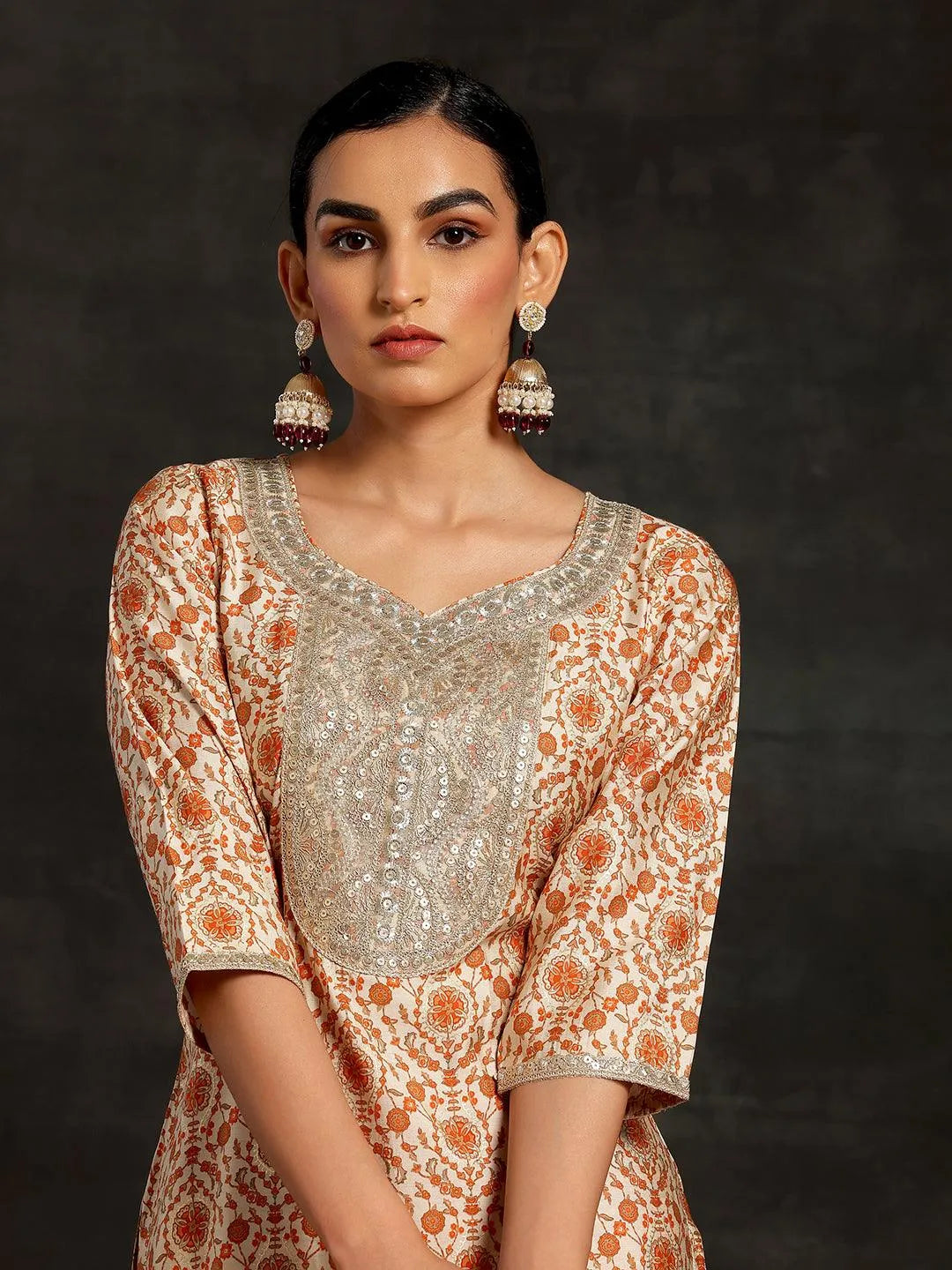 Beige Printed Silk Blend Straight Suit With Dupatta - Libas 
