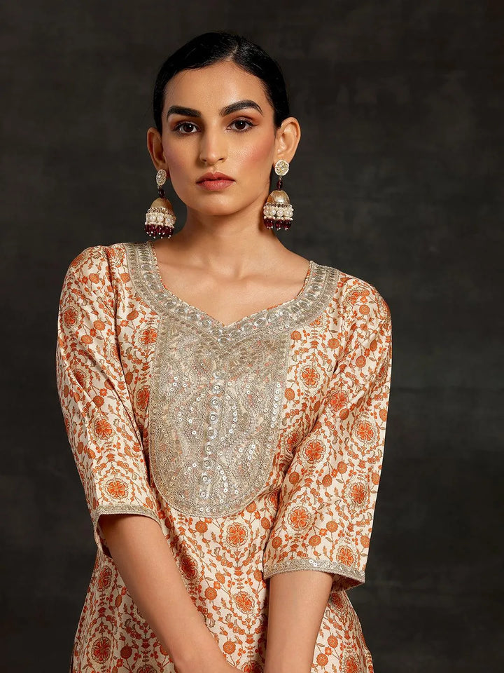 Beige Printed Silk Blend Straight Suit With Dupatta - Libas