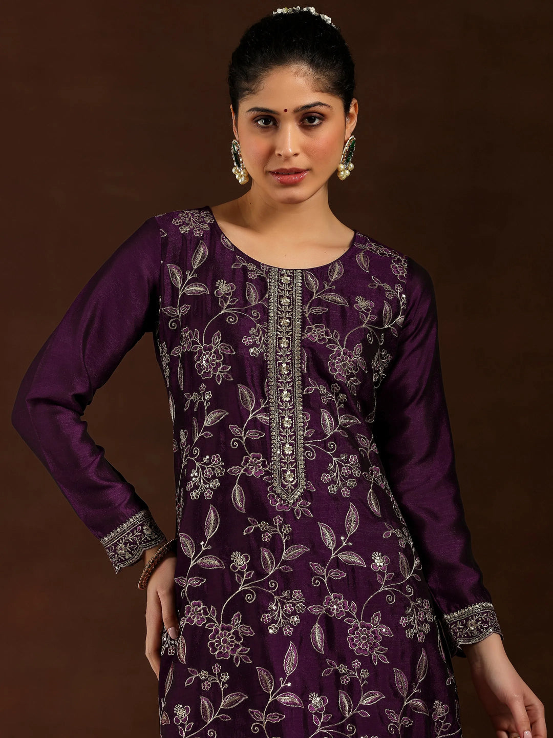  Wine Embroidered Silk Blend Straight Suit With Dupatta 