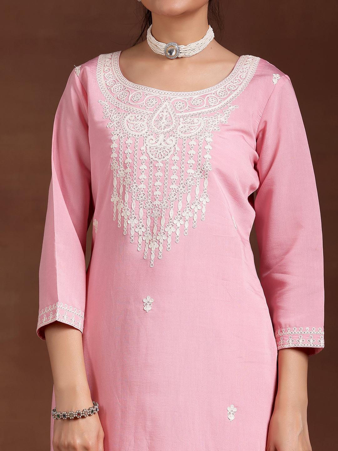 Pink Embroidered Silk Blend Straight Suit With Dupatta