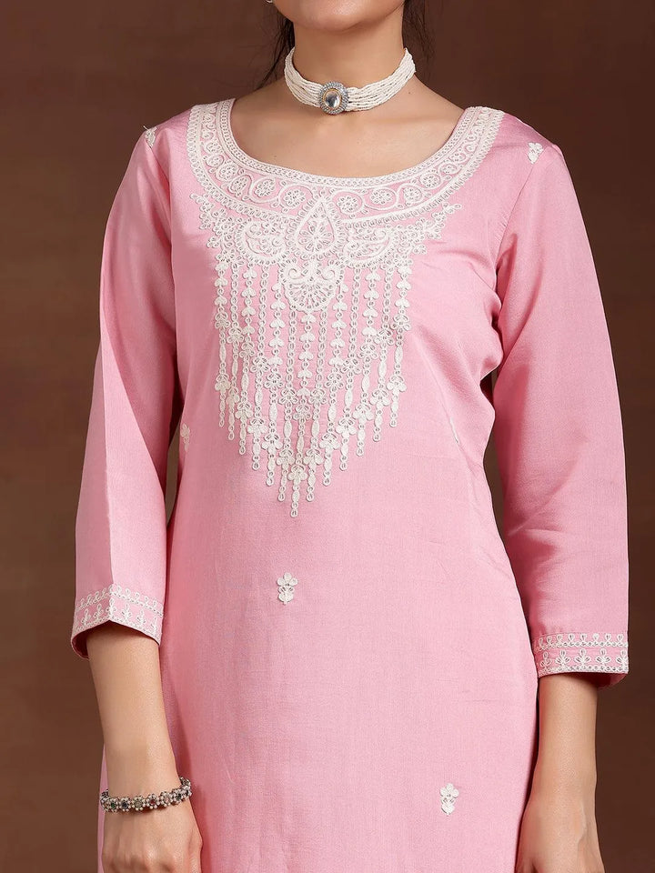 Pink Embroidered Silk Blend Straight Suit With Dupatta - Libas