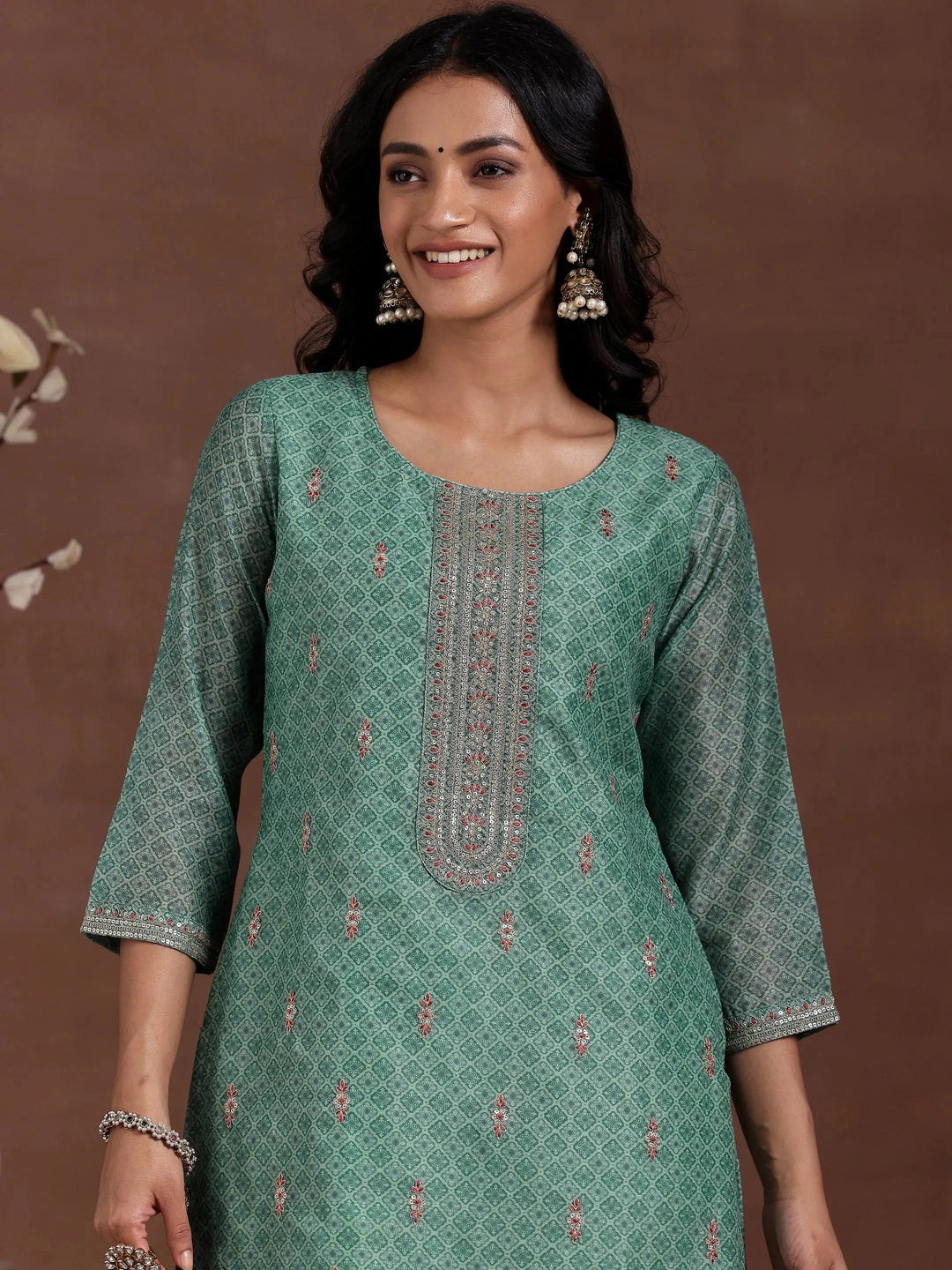  Green Printed Silk Blend Straight Suit With Dupatta 