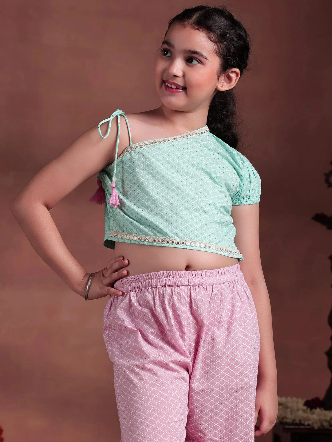  Kids Sea Green Printed Cotton Co-Ords 