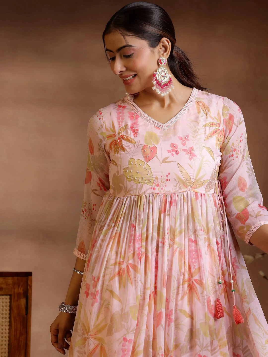  Pink Printed Poly Chiffon A-Line Kurta With Palazzos & Dupatta 
