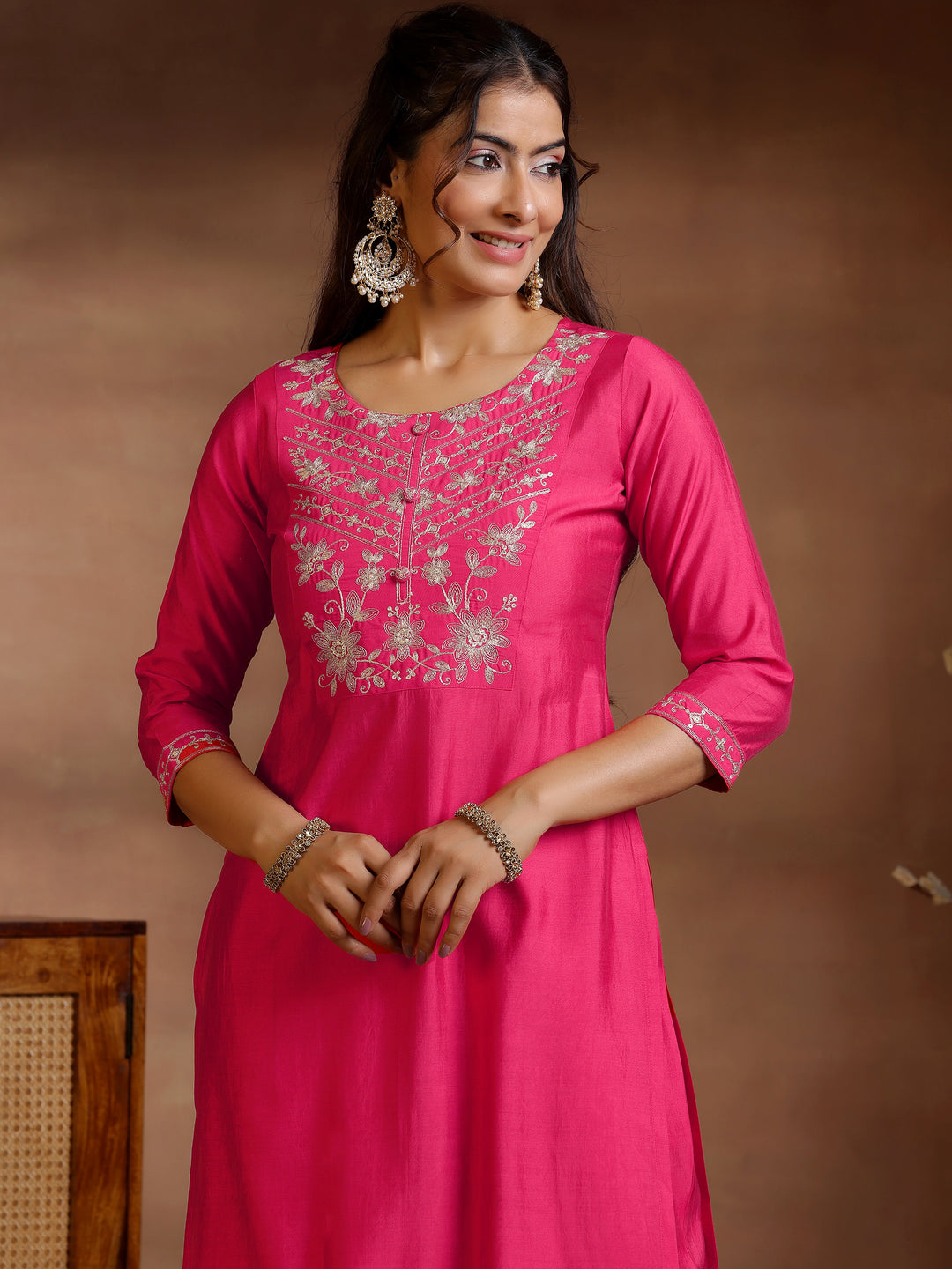  Pink Yoke Design Silk Blend Straight Suit Set With Dupatta 