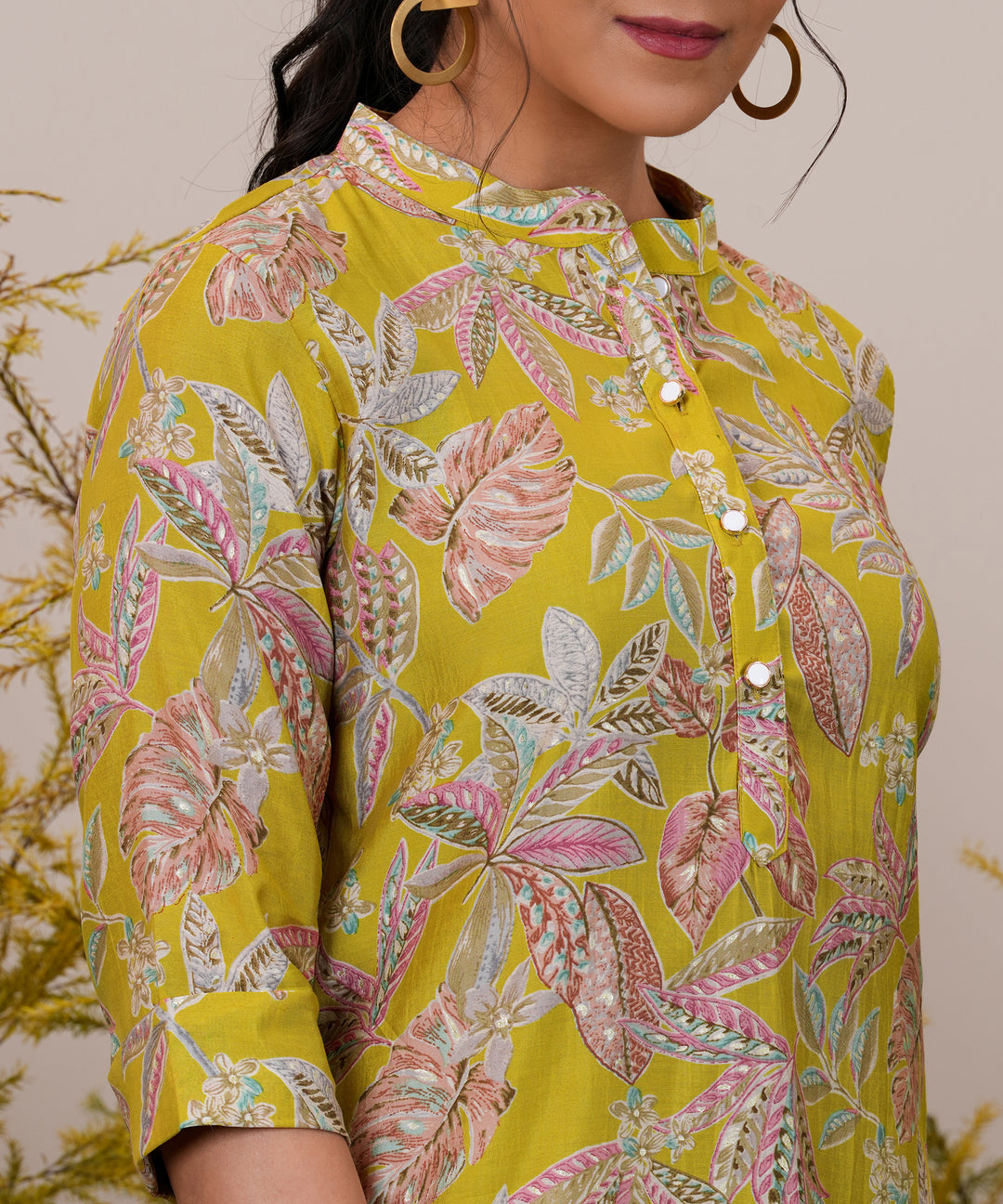  Yellow Printed Silk Blend A-Line Kurti 