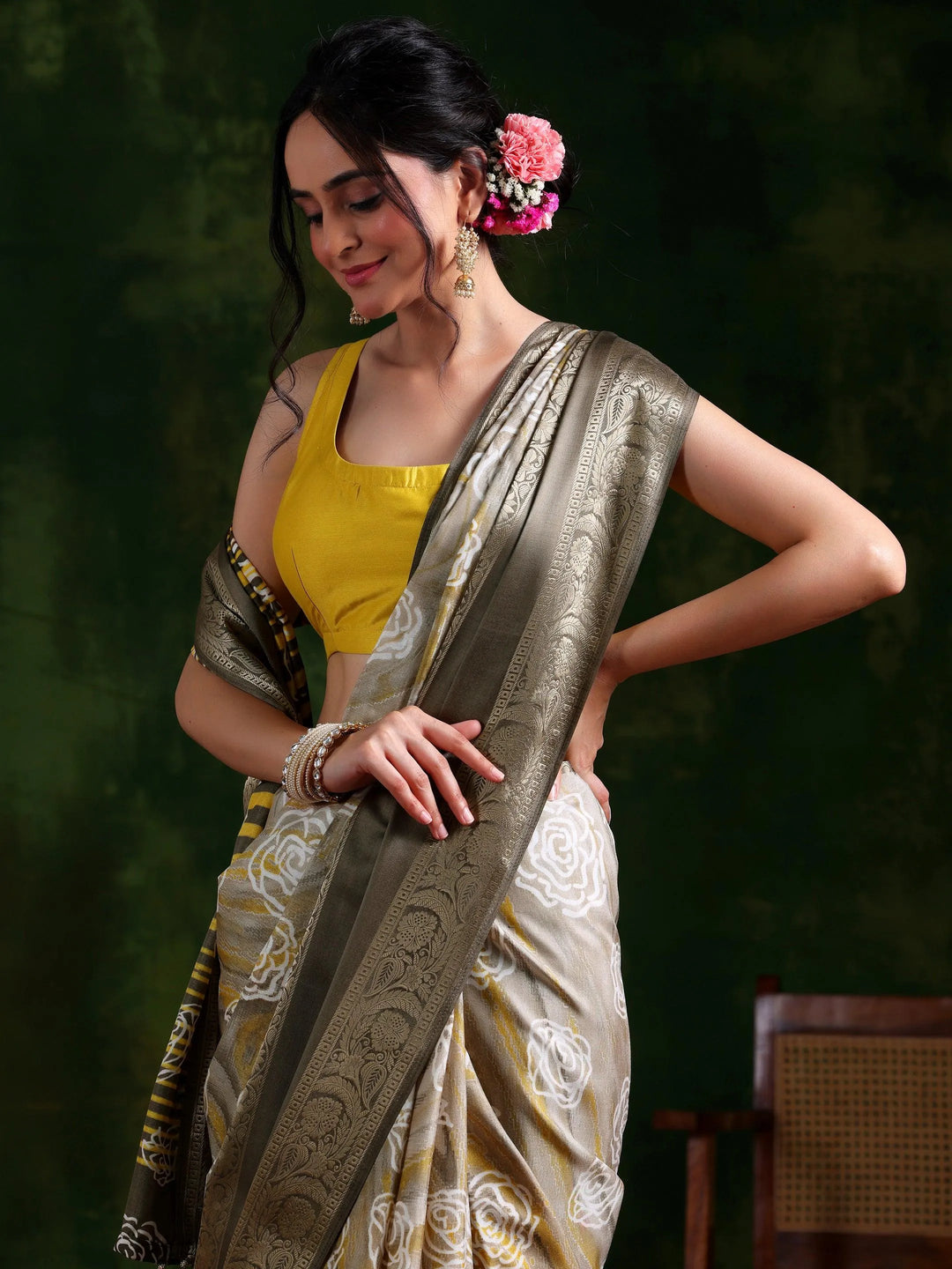 Taupe Printed Silk Blend Saree With Unstitched Blouse Piece - Libas 