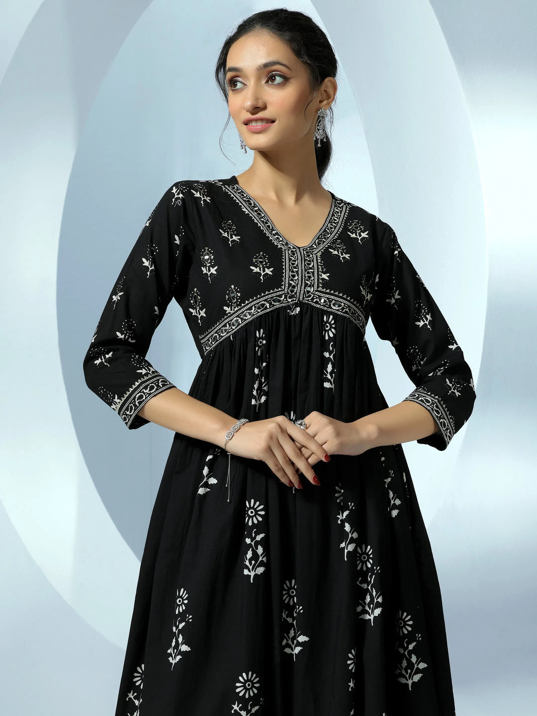  Black Printed Cotton A-Line Kurta With Palazzos 