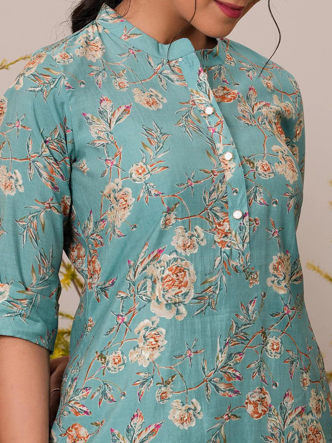 Blue Printed Silk Blend A-Line Kurti - Libas 