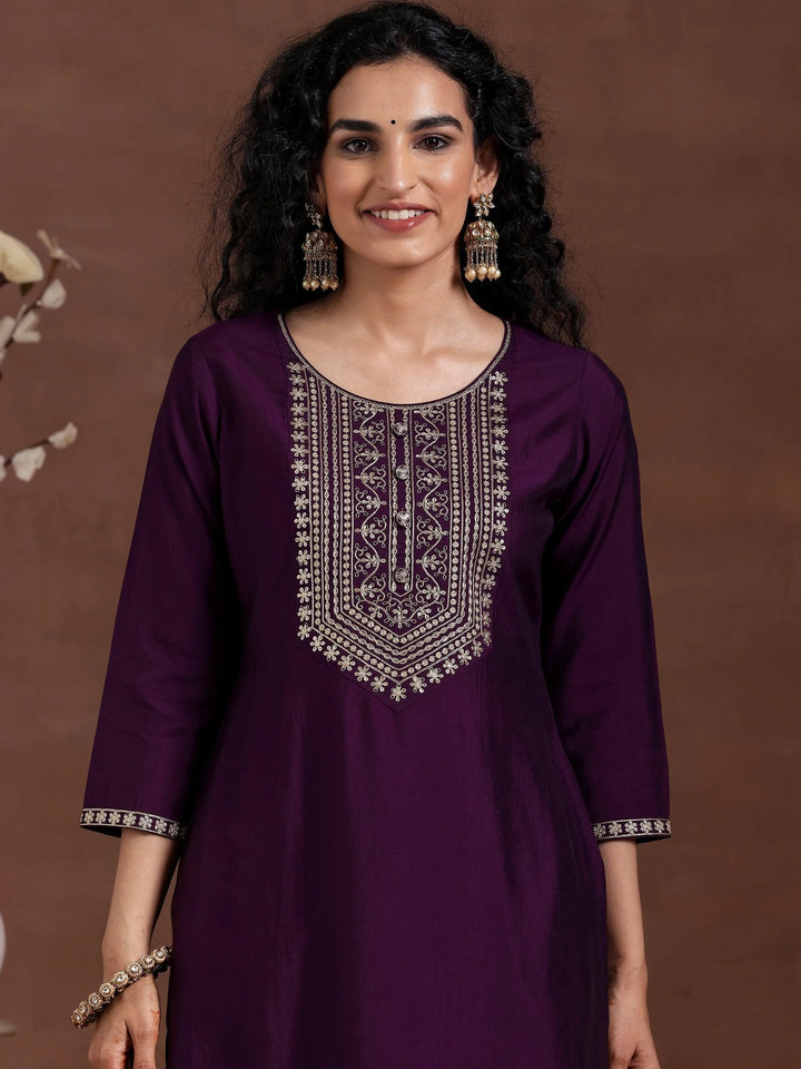 Wine Yoke Design Silk Blend Straight Suit With Dupatta - Libas