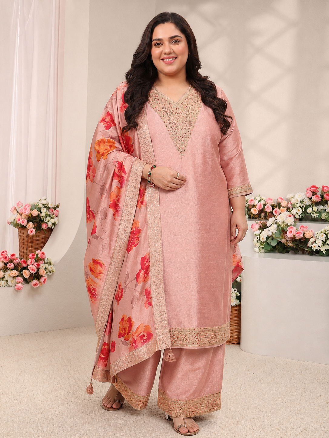 libas Plus Size Peach Floral Embroidered Silk Blend Straight Suit Set-picture-35