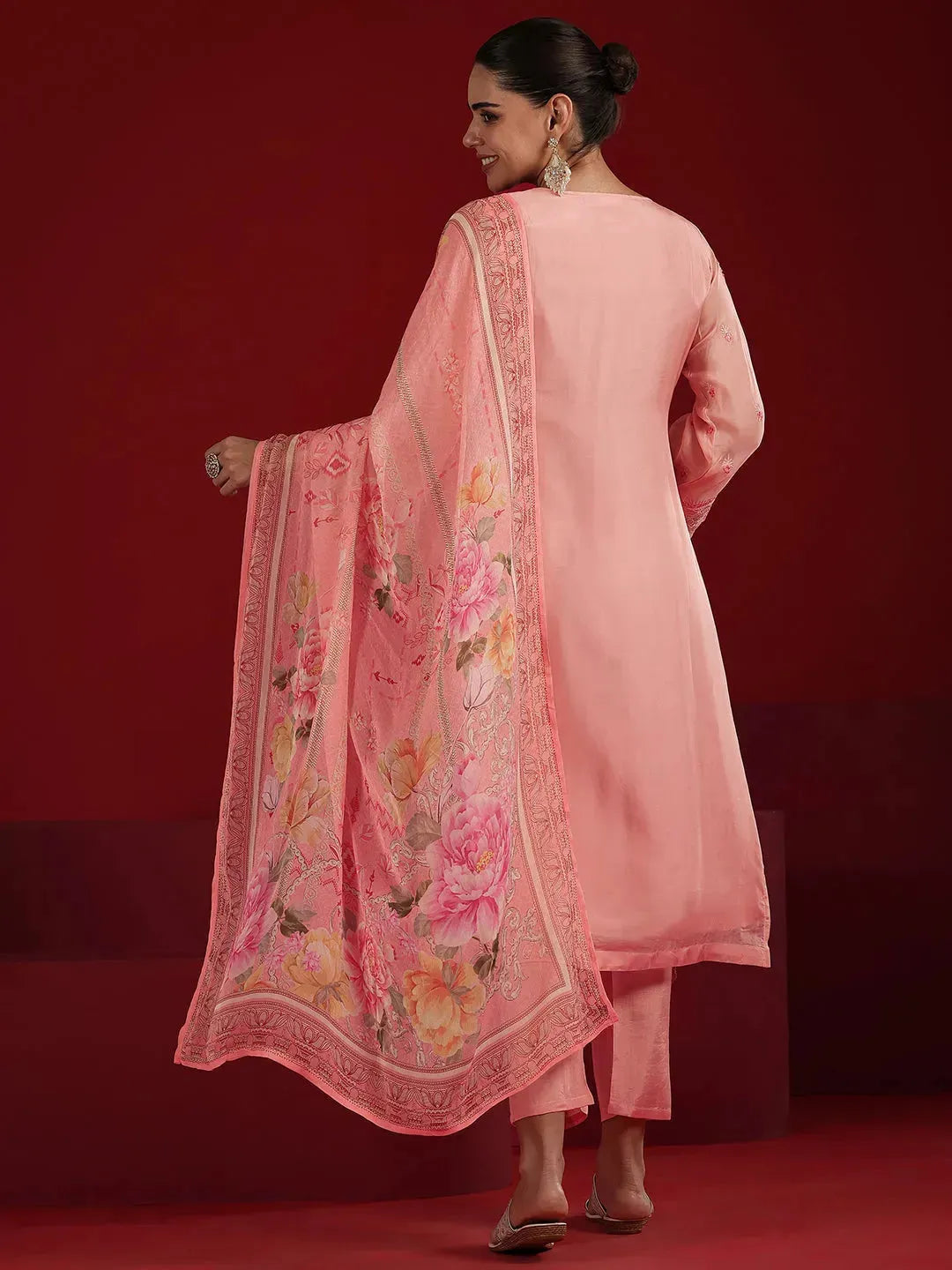  Libas Art Peach Embroidered Organza Straight Suit Set With Dupatta 