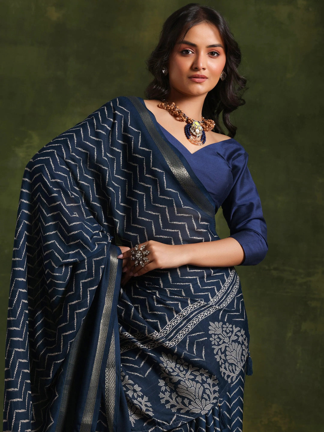 Blue Printed Silk Blend Saree With Unstitched Blouse Piece - Libas 