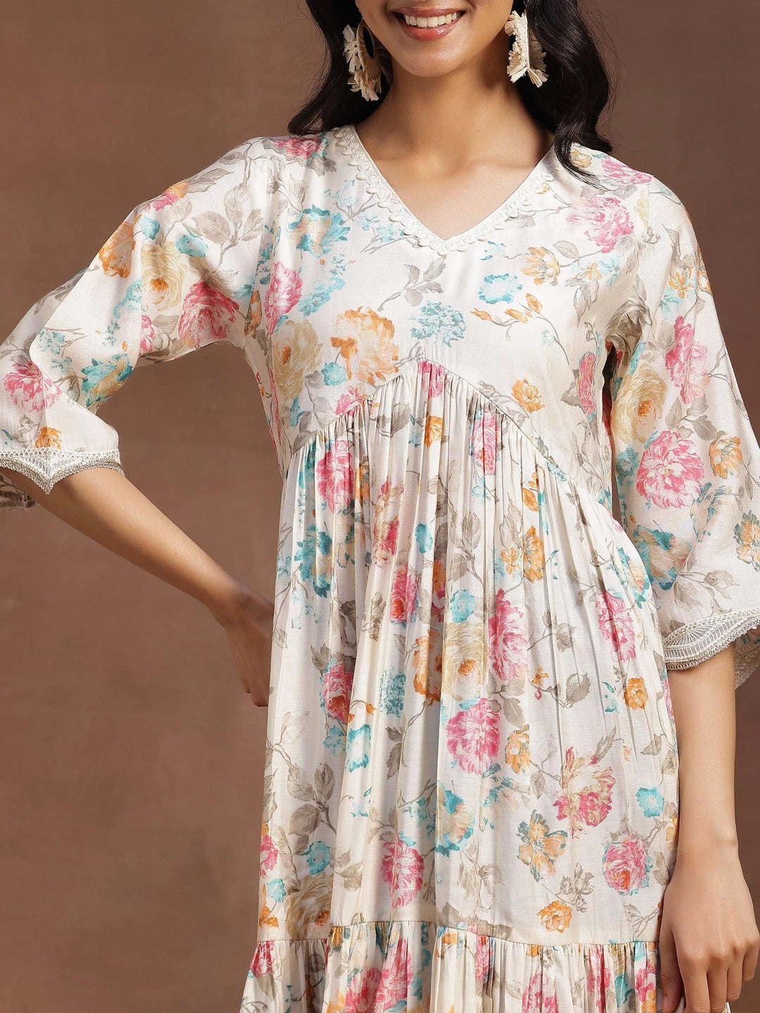 Beige Printed Silk Fit and Flare Dress - Libas 