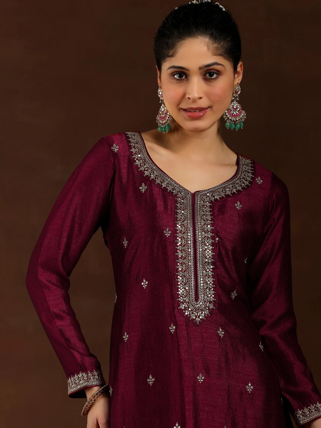  Maroon Embroidered Silk Blend Straight Suit With Dupatta 