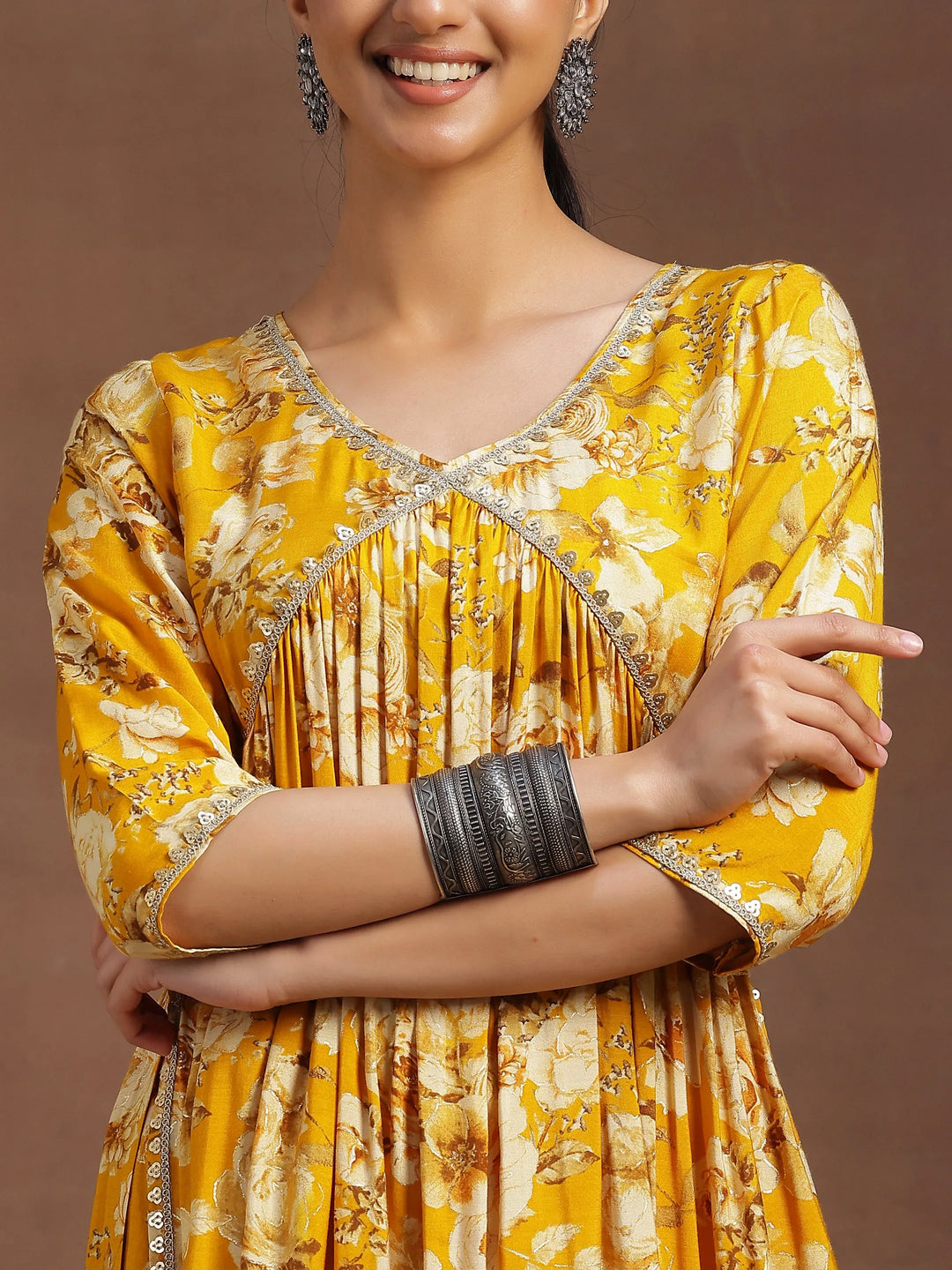  Yellow Printed Silk Blend A-Line Kurta With Palazzos & Dupatta 