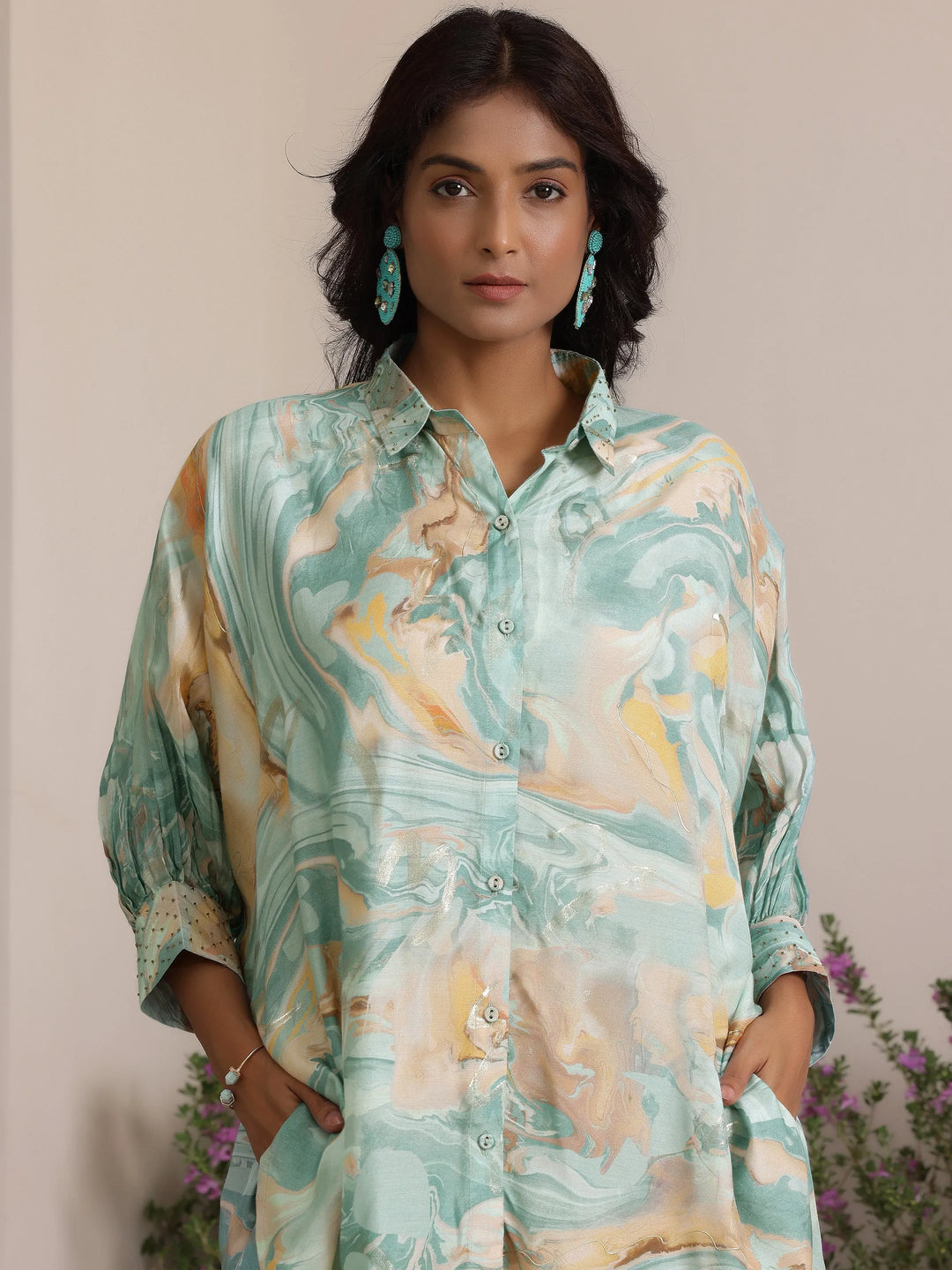  Blue Printed Silk Blend Co-Ords 