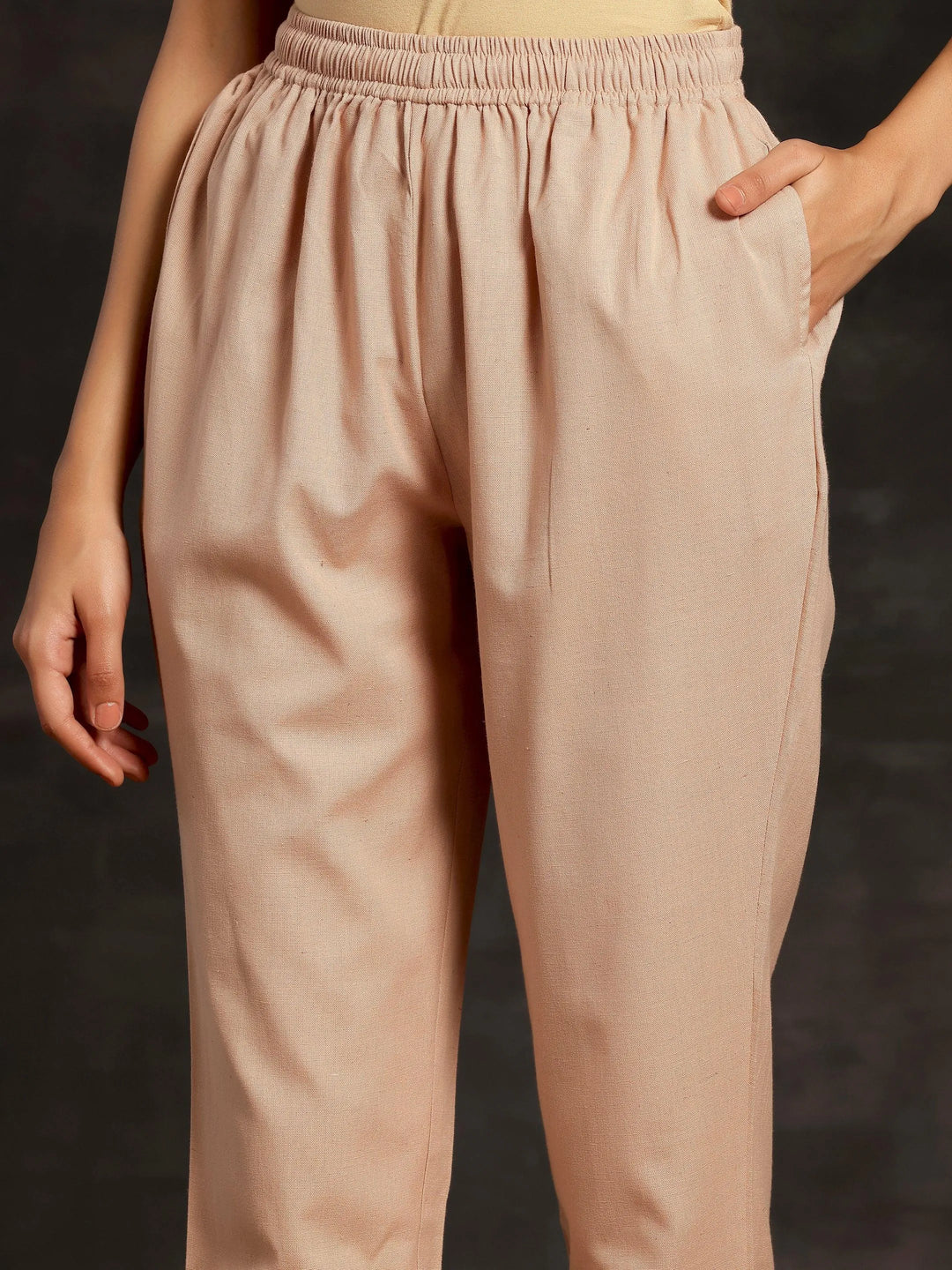 Peach Solid Cotton Straight Fit Trousers - Libas 