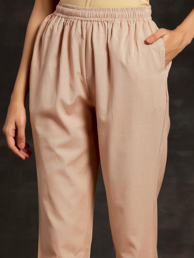 Peach Solid Cotton Straight Fit Trousers - Libas