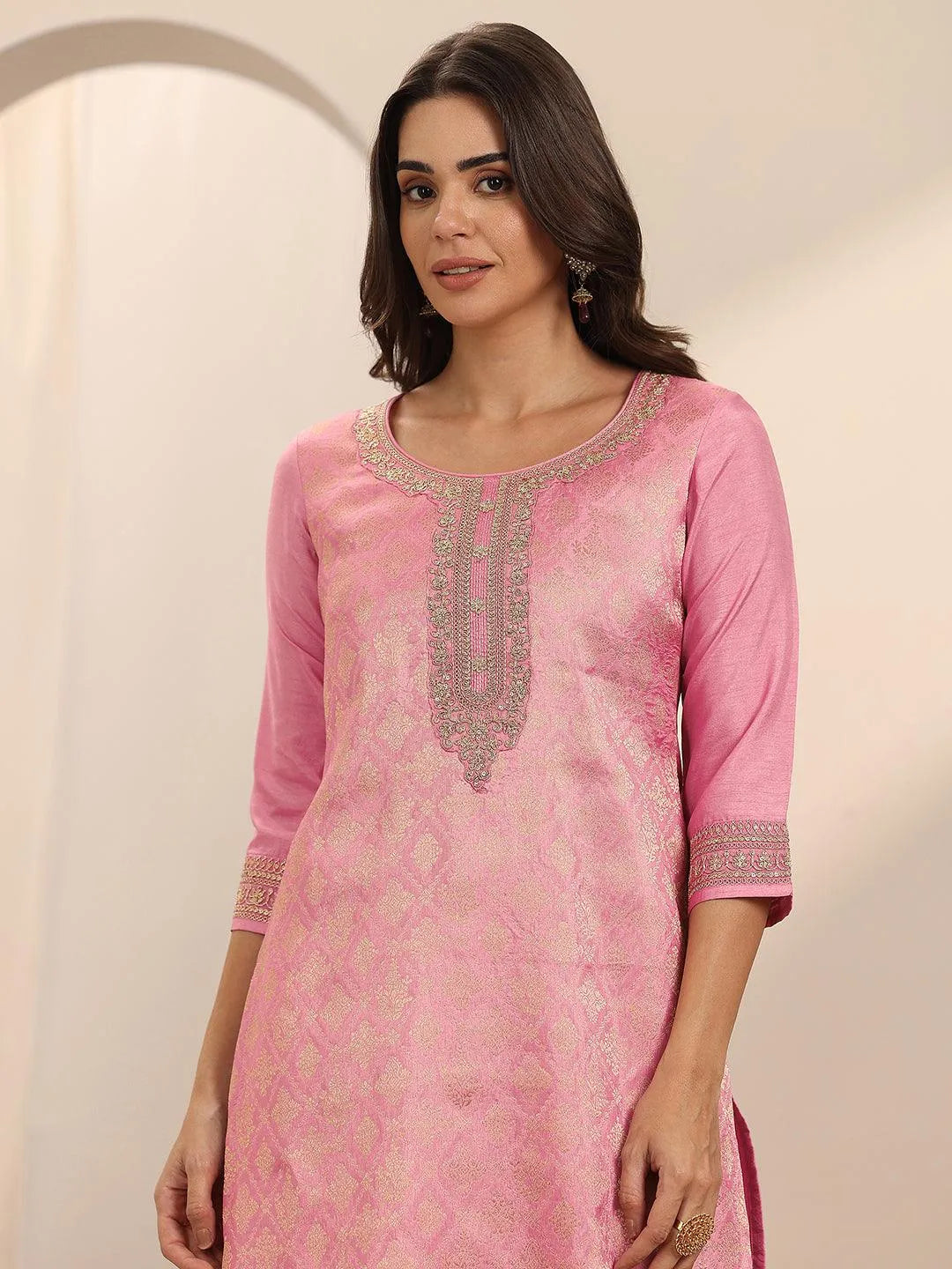  Pink Woven Design Silk Blend Straight Suit Set With Dupatta 