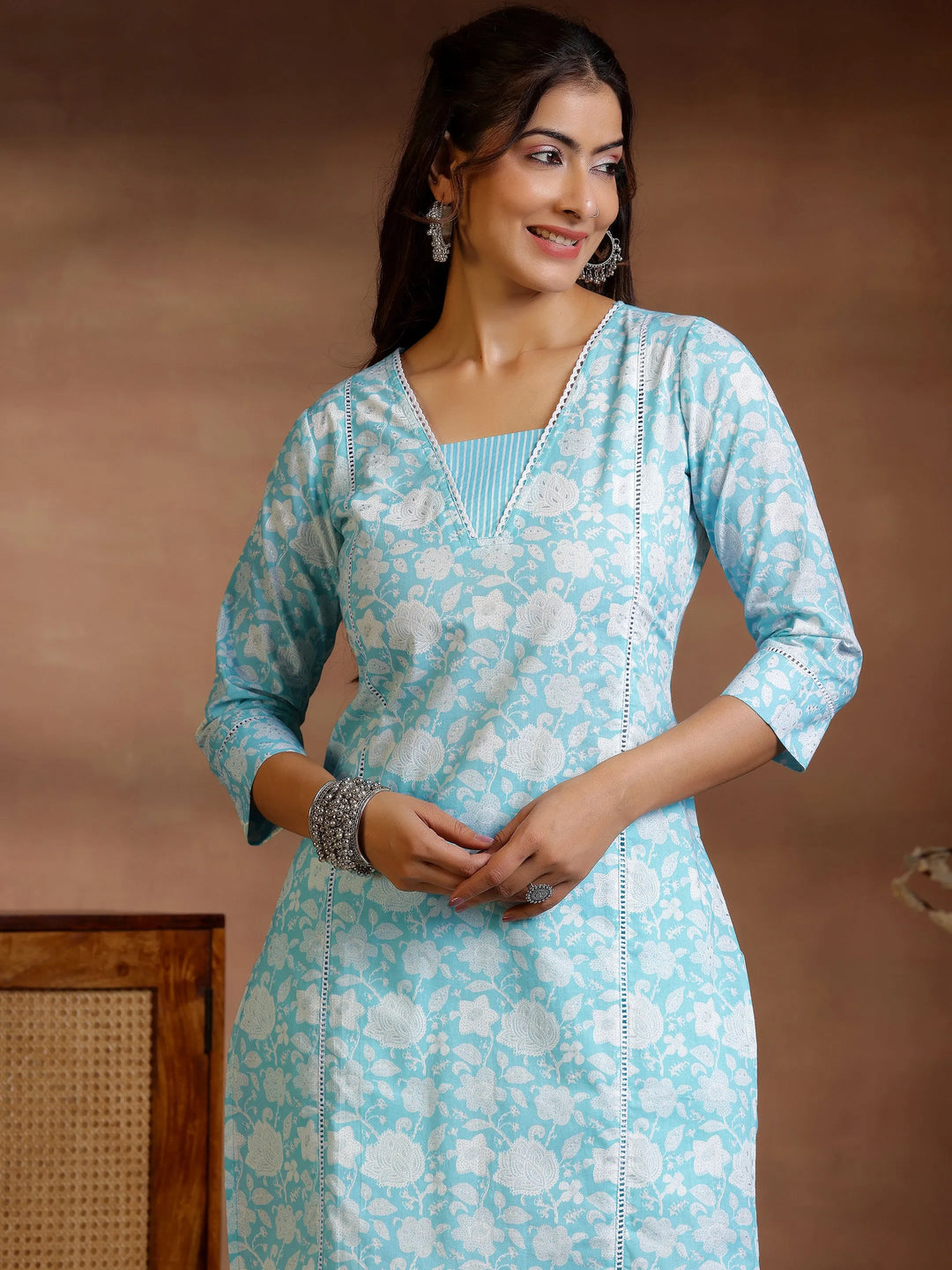  Blue Printed Cotton Straight Kurta Set 