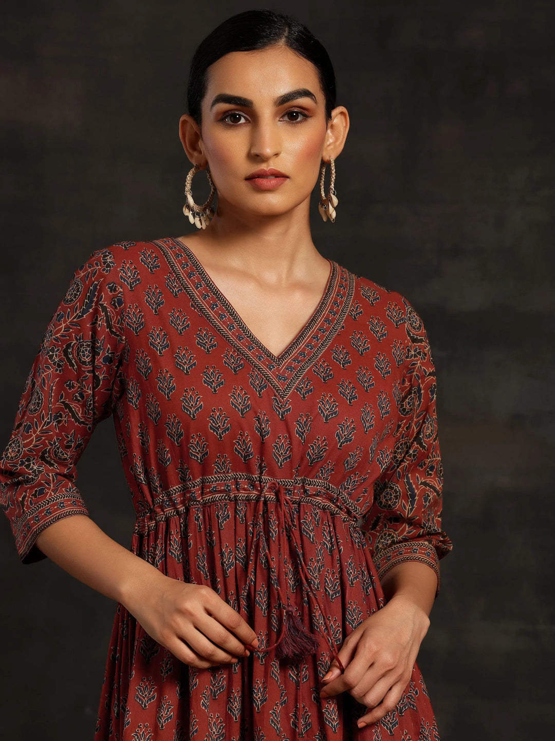 Maroon Printed Cotton A-Line Dress - Libas 