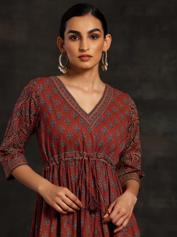 Maroon Printed Cotton A-Line Dress - Libas