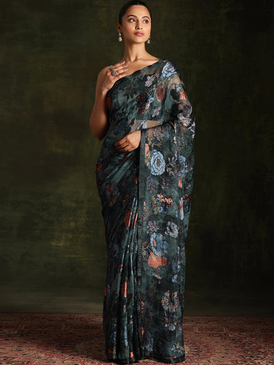 Teal Green Woven Design Brasso Saree With Unstitched Blouse Piece - Libas