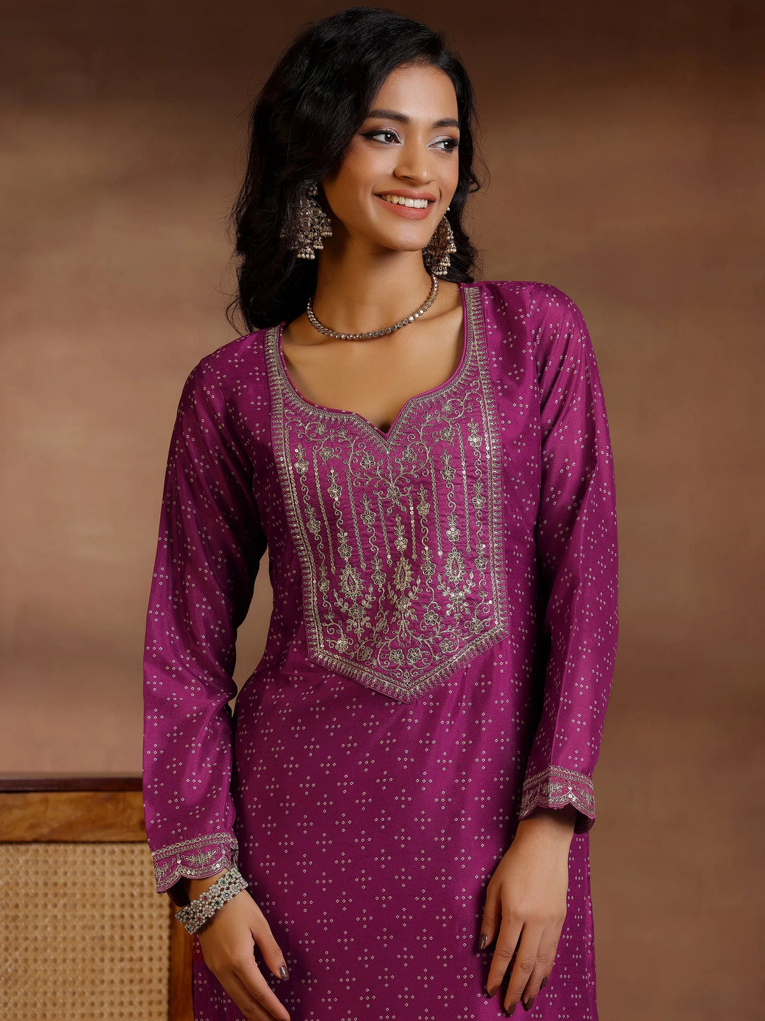  Wine Printed Silk Blend Straight Suit With Dupatta 