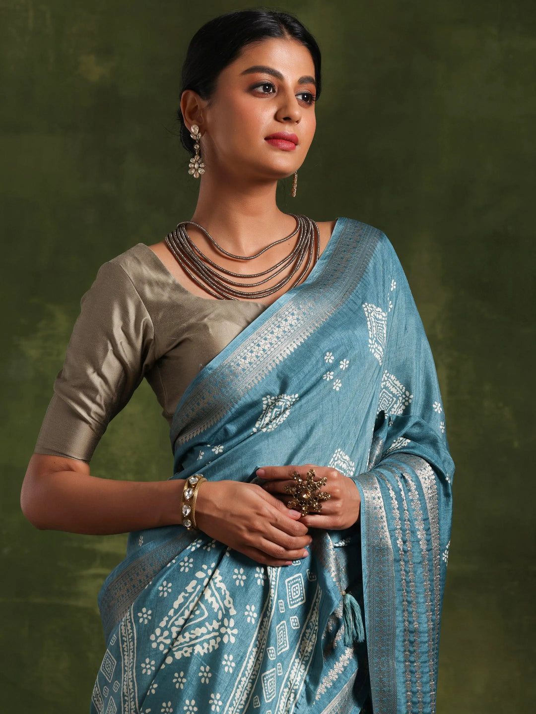 Blue Printed Silk Blend Saree With Unstitched Blouse Piece - Libas 