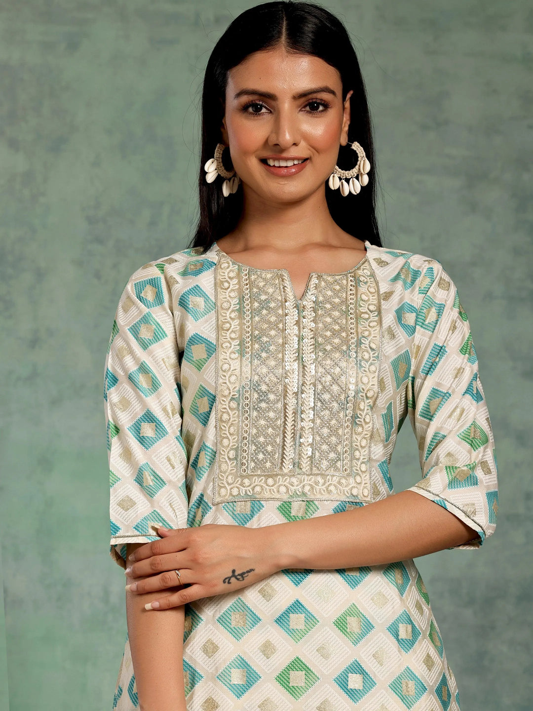 Off White Printed Silk Blend Straight Suit With Dupatta - Libas 