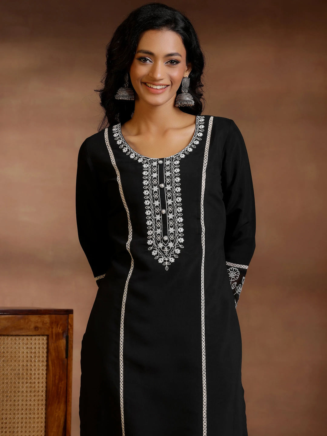 Black Yoke Design Silk Blend Straight Suit With Dupatta 
