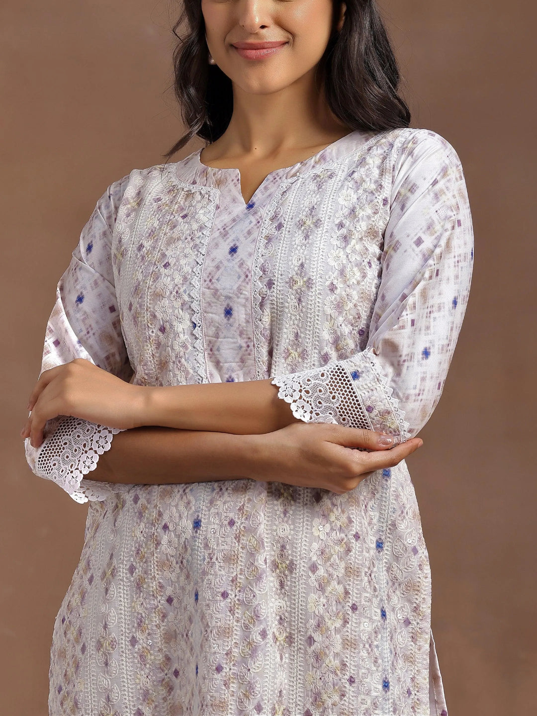 Beige Embroidered Cotton Blend Straight Suit With Dupatta - Libas 