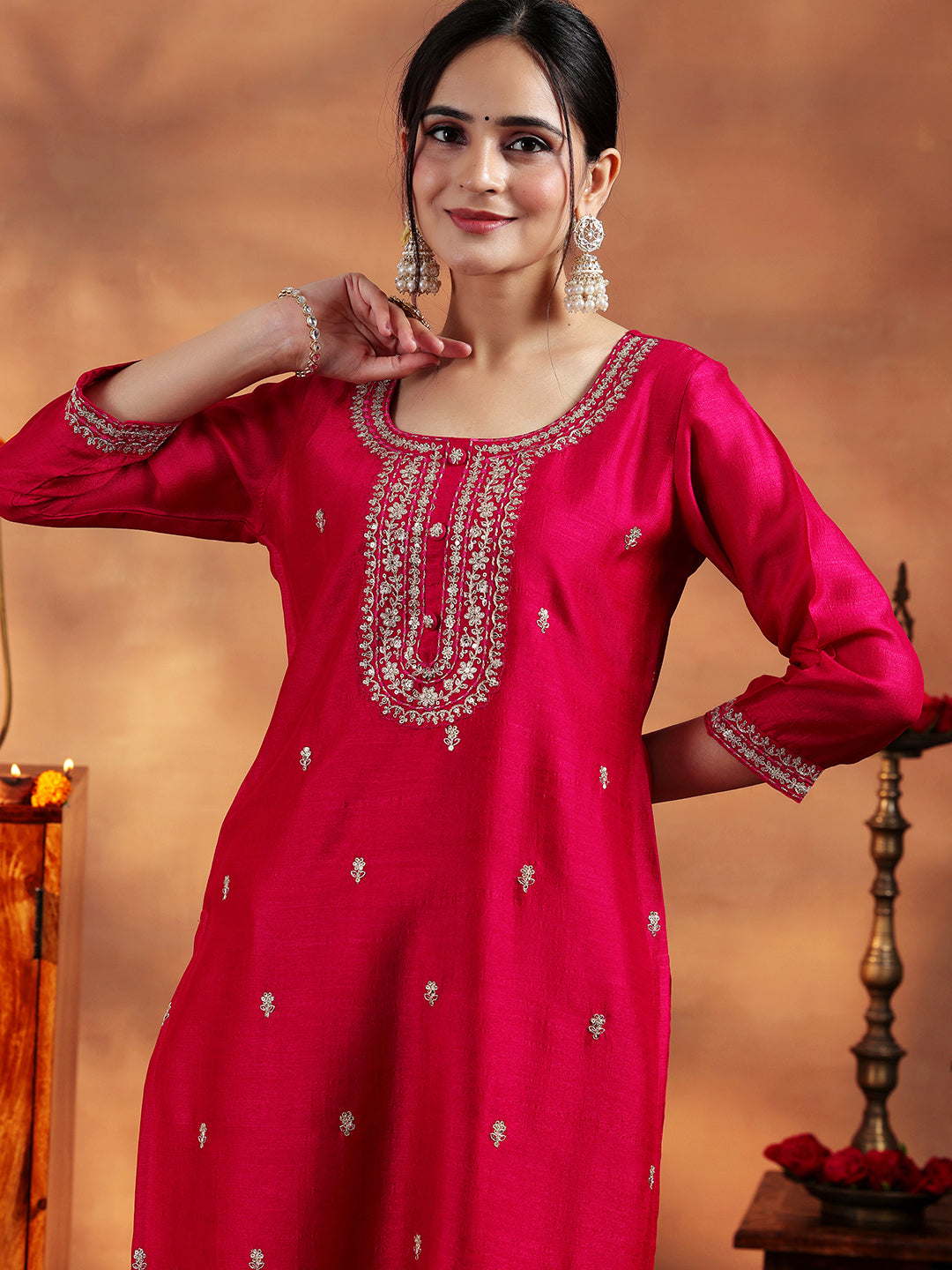  Red Embroidered Silk Straight Kurta 