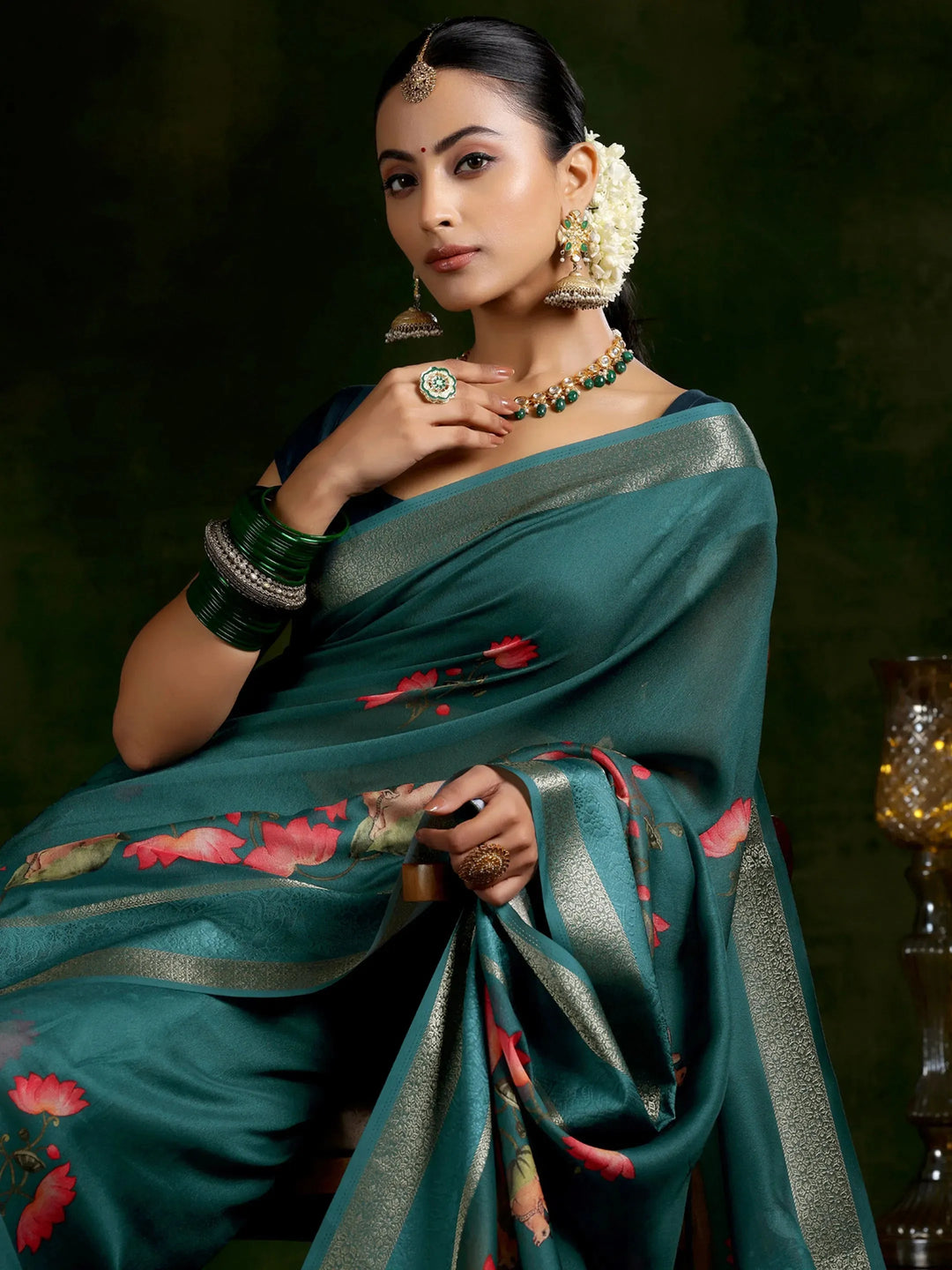  Green Printed Silk Blend Saree With Unstitched Blouse Piece 